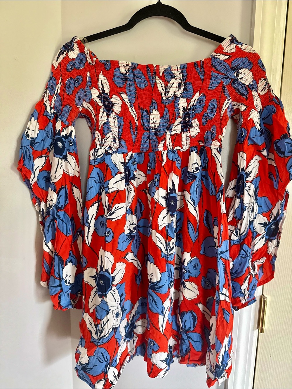 Smocked Off-Shoulder Floral Mini Dress- Red/Blue/White